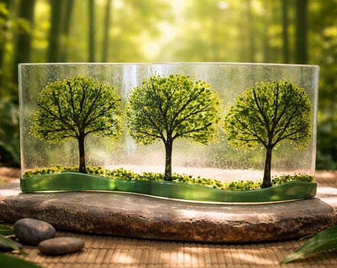 Summer Trees Fused Glass Art: Curved Shelf Decor (9x4 inch)