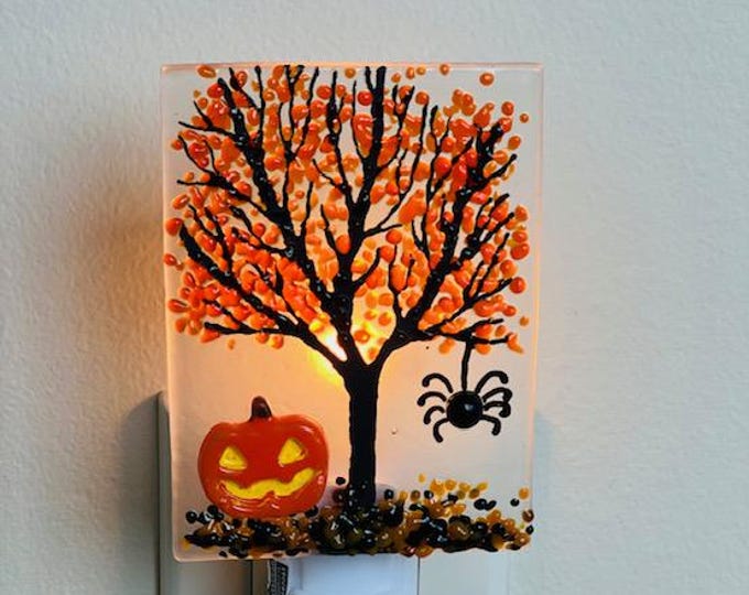 Halloween Tree Fused Glass Night Light, Bringing the Outdoors In, Bedroom, Bathroom, Hallway Light, Nature Inspired, Plug In Accent Light