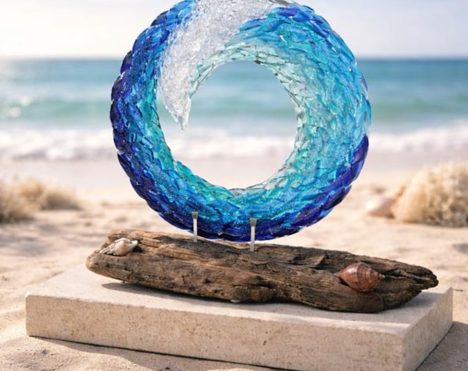 Fused Glass Wave Sculpture: Beach Decor, Ocean Art