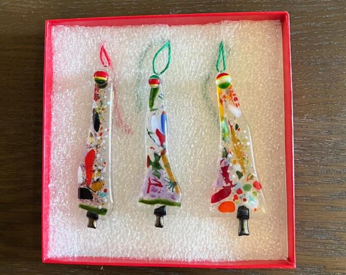 Set of 3 fused glass Funky Trees, Christmas favors, Colorful Holiday Modern Tree Set