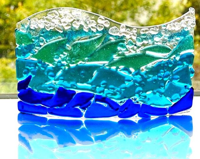 Ocean Curve Fused Glass Window Sill Art, Curved Ocean Glass Art, Ocean Waves Curve, Bringing the Outdoors In