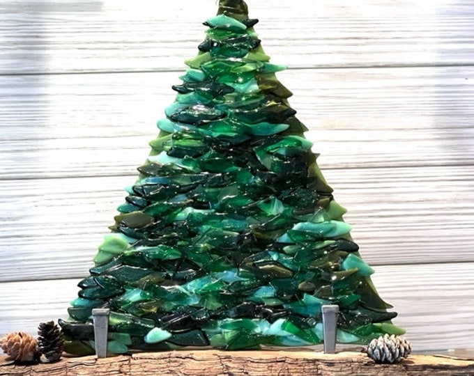 Fused Glass Tree Sculpture, Glass Art,  Lyn Hunter Designs Original Signature Tree, Evergreen Tree on Driftwood Base
