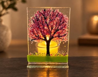 Fused Glass Cherry Blossoms Tealight holder: Candle holder 2.5" x 3.5"