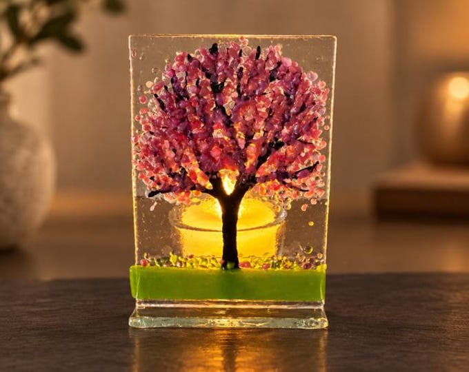 Fused Glass Cherry Blossoms Tealight holder: Candle holder 2.5" x 3.5"