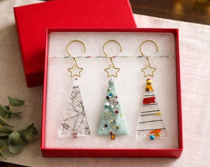 Fused Glass Christmas Tree Ornaments, Star Hanger, Set of 3