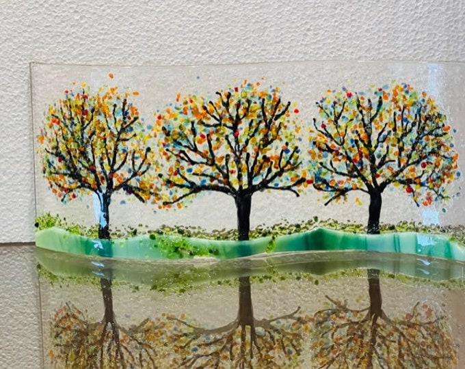 Rainbow Trees Curved Glass  Shelf Art, Home Decor, Window Sill Art, Bringing the Outdoors In, Tree Glass Art