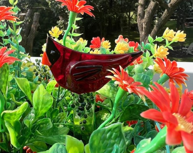 Fused Glass Cardinal Plant Stake, Glass Bird on Glass Stake, Planter Bird, Whimsical Planter Red Bird
