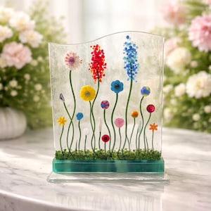 Forever Flowers Freestanding Fused Glass Sculpture, Flower Garden on Stand, Wildflowers