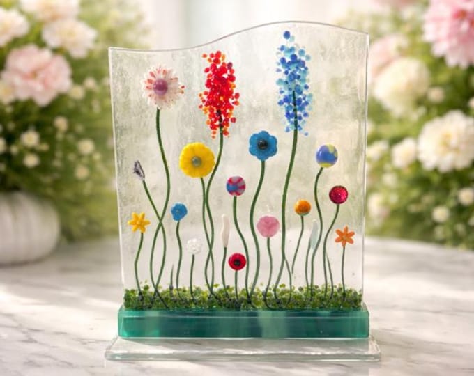 Forever Flowers Freestanding Fused Glass Sculpture, Flower Garden on Stand, Wildflowers