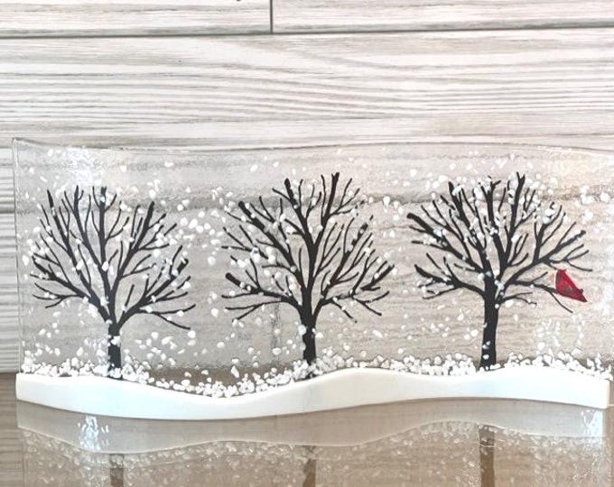 Winter Trees Curved Glass  Shelf Art, Home Decor, Window Sill Art, Bringing the Outdoors In, Tree Glass Art