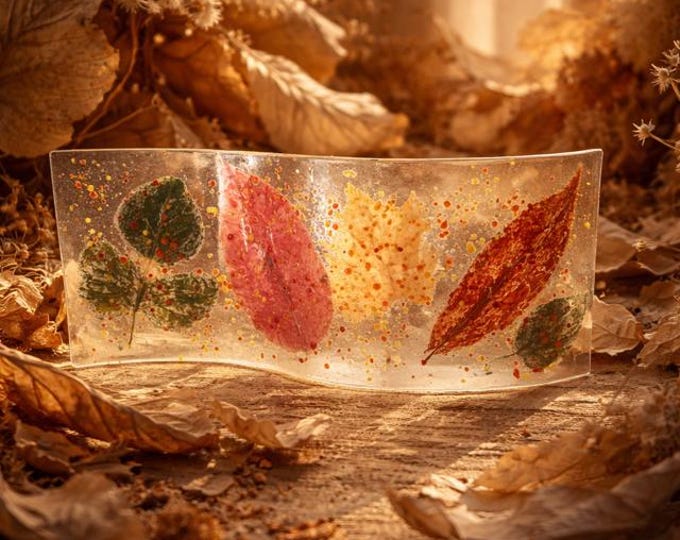 Fused Glass Autumn Leaves Window Art, Fossilized Real Leaf Sculpture