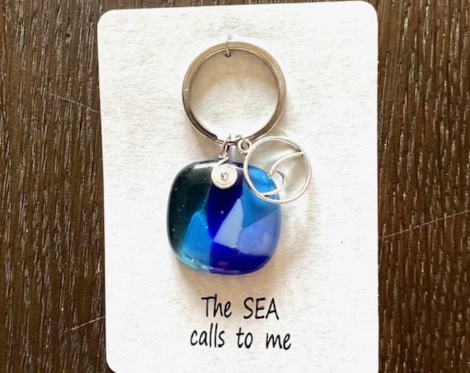 The Sea Calls to Me Key Chain, Little Gift of Kindness, Fused Glass Blue Wave Key Fob, Fused Glass Key Chain or Purse Pull