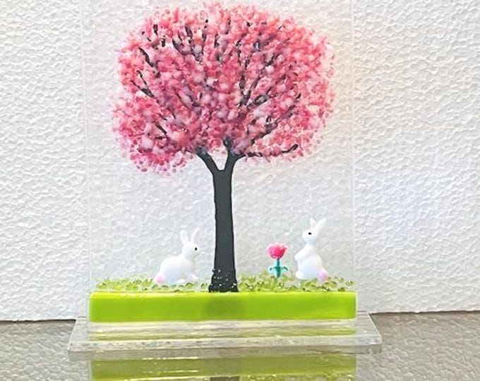 Springtime Tree Fused Glass Art with Bunnies, Sun Catcher Window Light Catcher, Shelf Art, Windowsill Art, Easter Art