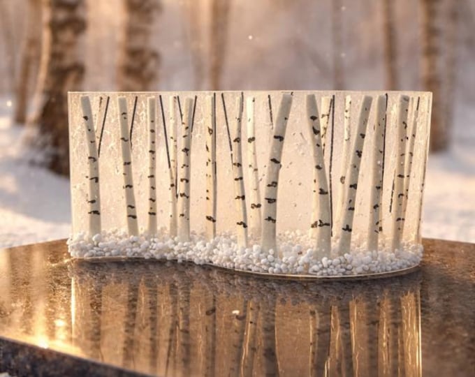 Fused Glass Aspen Tree in Winter Shelf Art: Winter Forest Sculpture (10" wide)