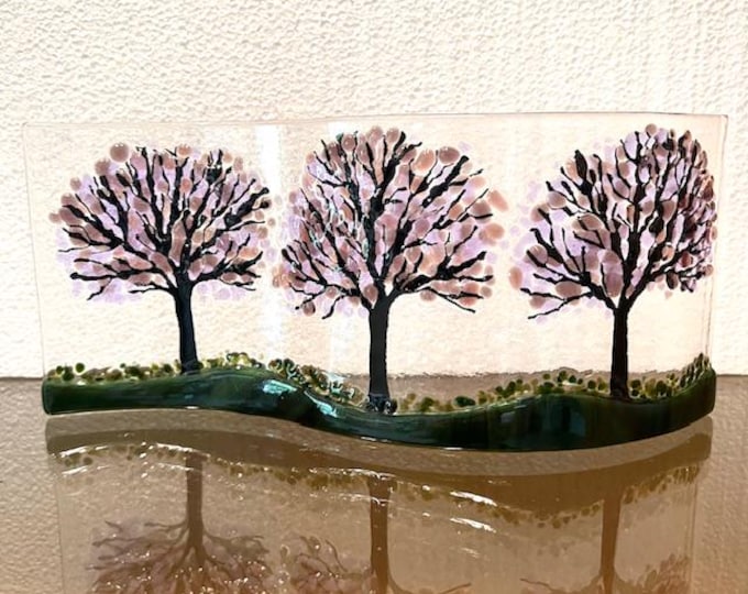 Jacaranda Trees Fused Glass Curved Sculpture, Window Sill Art, Purple Trees Glass Art, Bringing the Outdoors In