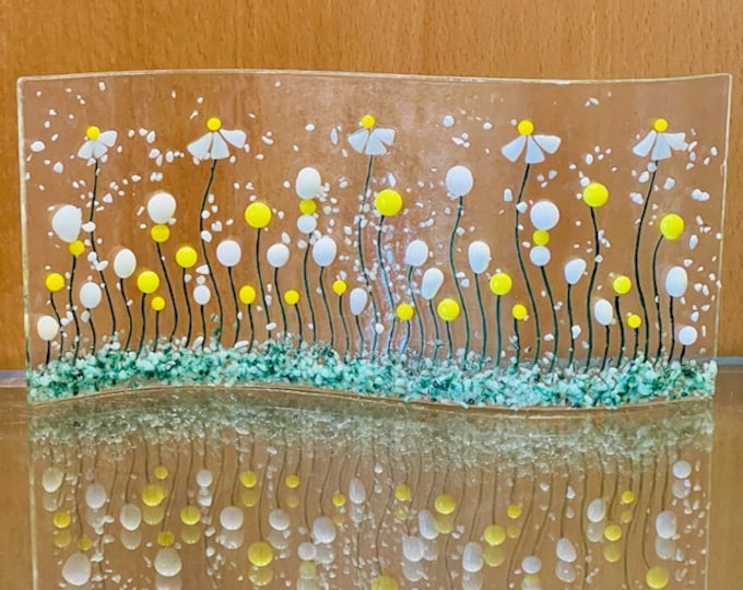 Daisy Fields Curved Glass  Shelf Art, Home Decor, Window Sill Art, Bringing the Outdoors In, Daisy Glass Art