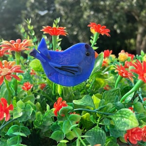 Blue Bird Plant Stake, Fused Glass, Whimsical Garden Decor