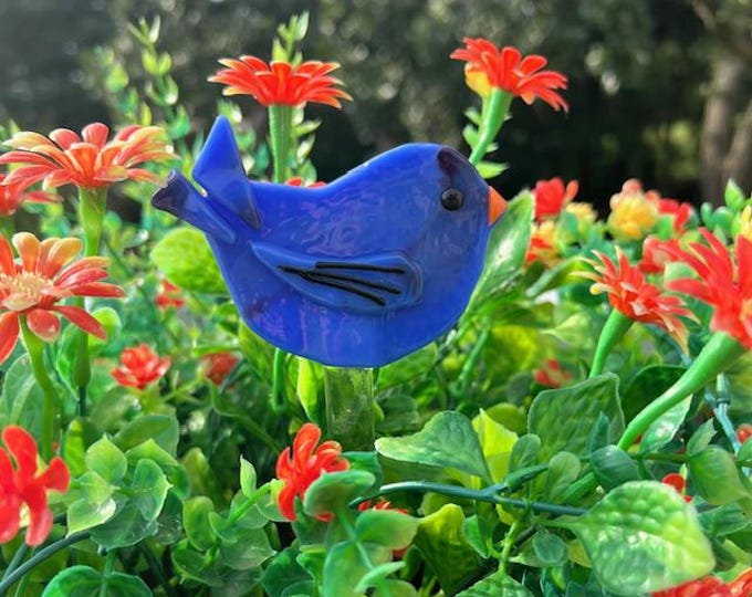 Fused Glass Bluebird of Happiness Plant Stake, Glass Bird on Glass Stake, Planter Bird, Whimsical Planter Bird