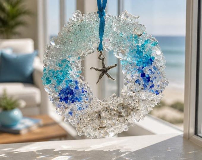 Fused Glass Coastal Wreath Ornament with Starfish Charm:  Window Decoration