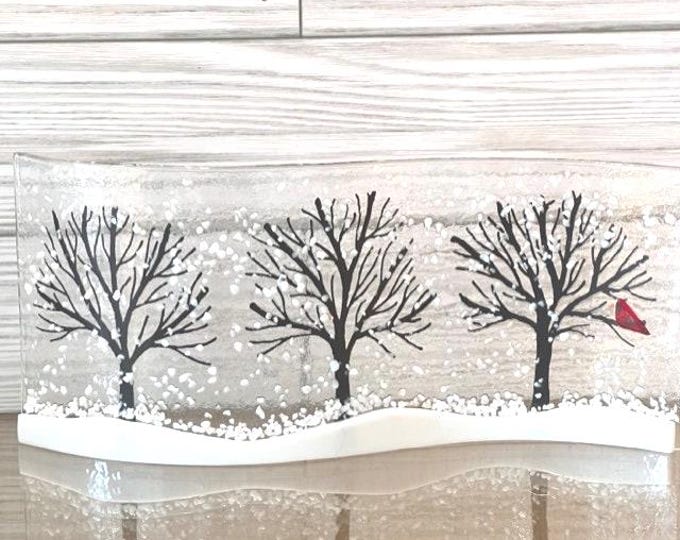 Winter Trees Curved Glass  Shelf Art, Home Decor, Window Sill Art, Bringing the Outdoors In, Tree Glass Art