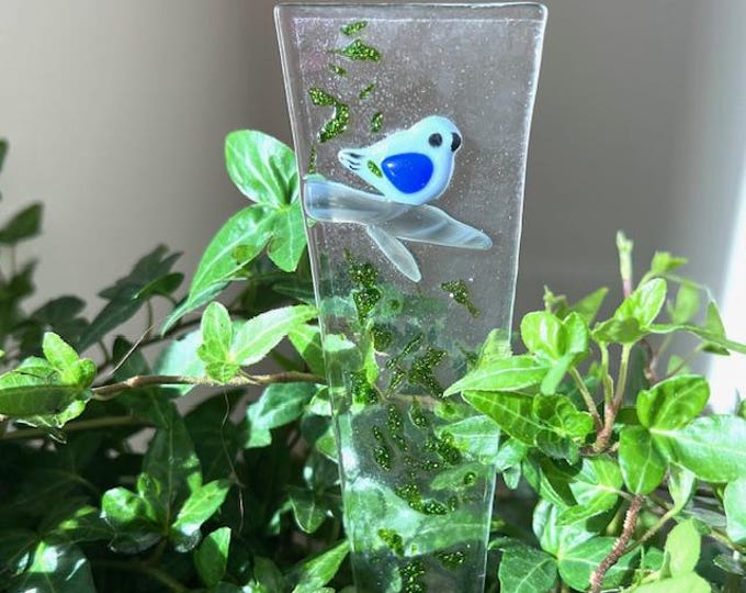 Fused Glass Bluebird Plant Stake: Colorful Indoor/Outdoor Decor