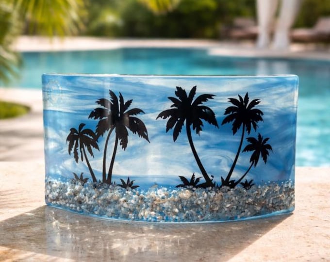 Tropical Paradise Curved Fused Glass Art, Beach Scene Window Sill Decor
