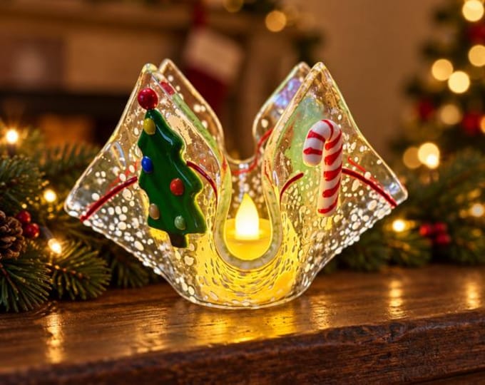 Christmas Tea Light Holder,  Fused Glass Holiday Candle Holder
