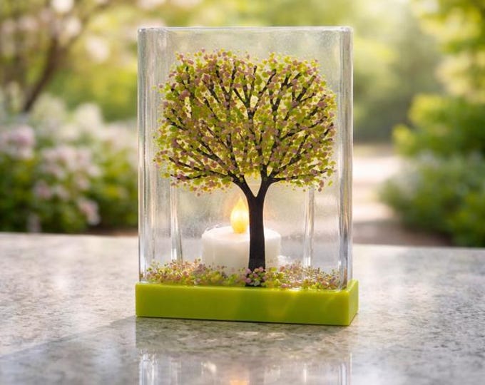 Fused Glass Spring Tree Candle Holder: Tealight Votive