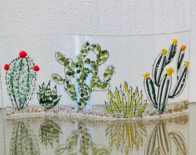 Succulent Cactus Garden,  Curved Fused Glass Shelf Art, Home Decor, Window Sill Art, Bringing the Outdoors In, Desert Landscape