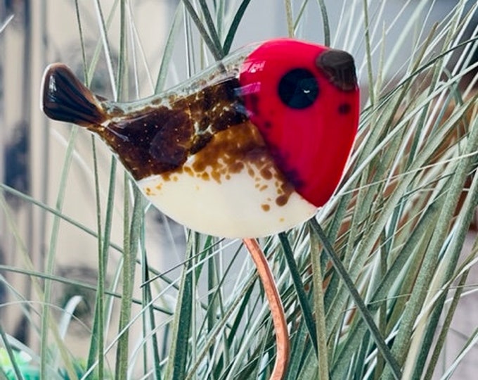 Fused Glass Robin Plant Stake, Glass Bird on Hammered Copper Stake, Indoor or Outdoor Planter Bird, Whimsical Garden Bird