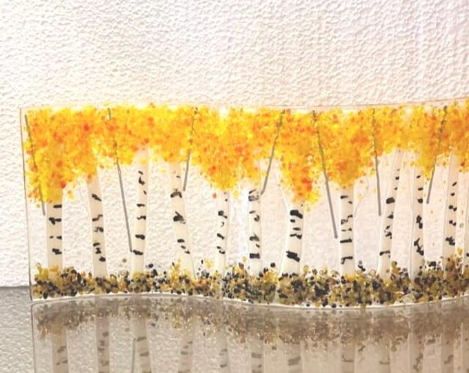 Fused Glass Curved Golden Aspen Trees in Autumn, Birch Forest in Fall, Glass Shelf Art, Fused Glass Art Sculpture, Bringing the Outdoors In