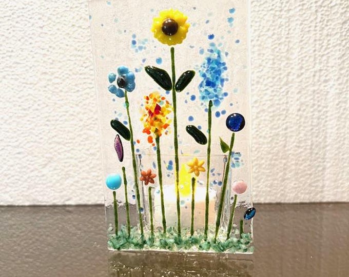 Fused Glass Wildflower Candle Holder, Flower Votive Holder, Flowering Garden Tealight Holder, Bringing the Outside In