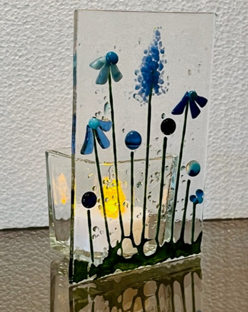 Fused Glass Blue Flower Candle Holder, Flower Votive Holder, Flowering Garden Tealight Holder, Bringing the Outside In image 2