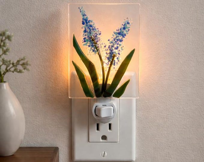 Fused Glass Night Light: Blue Delphinium Flower Accent Lighting