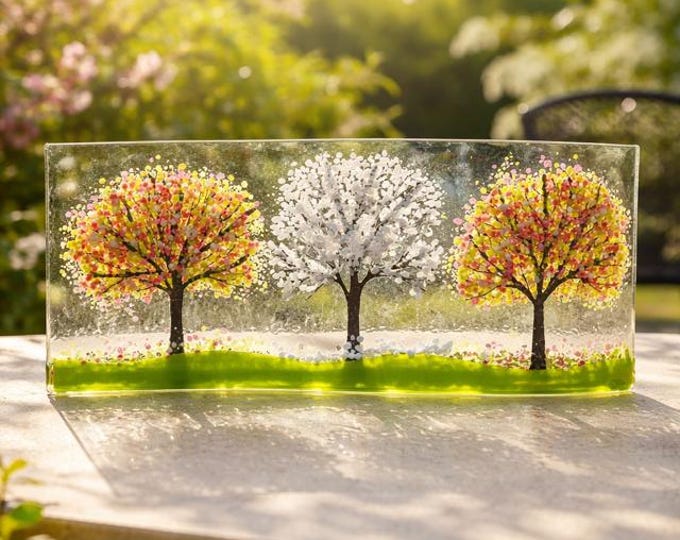 Cherry Blossoms Fused Glass Shelf Art: Curved Window Sill Decor