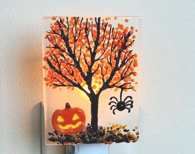 Halloween Tree Fused Glass Night Light, Bringing the Outdoors In, Bedroom, Bathroom, Hallway Light, Nature Inspired, Plug In Accent Light