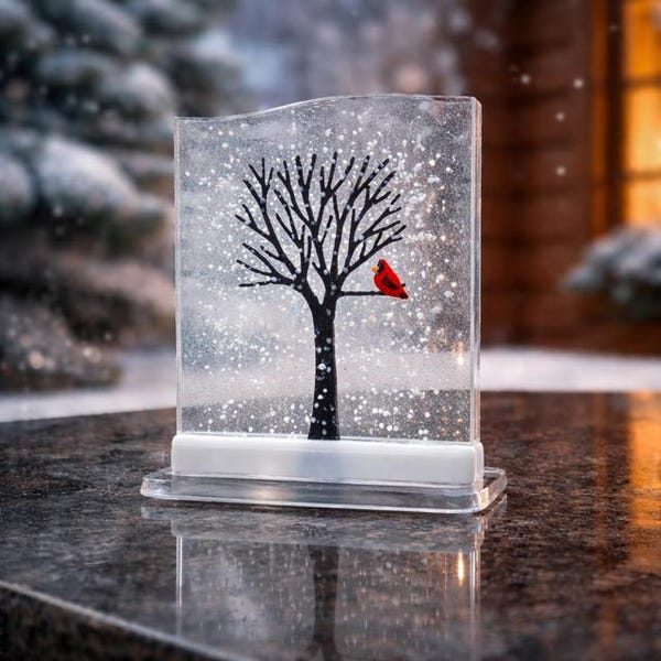 Fused Glass Winter Tree with Cardinal: Holiday Decor, Windowsill Art