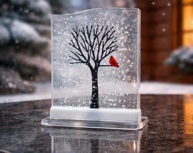 Fused Glass Winter Tree with Cardinal: Holiday Decor, Windowsill Art