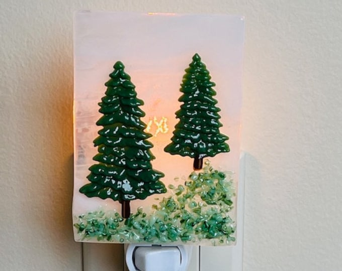 Evergreen Trees Fused Glass Night Light, Bringing the Outdoors In, Bedroom, Bathroom, Hallway Light, Nature Inspired, Plug In Accent Light