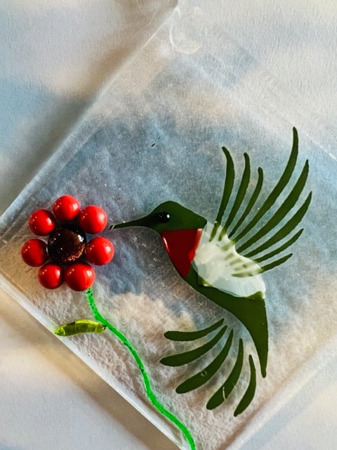 Hummingbird and Flower Fused Glass Suncatcher, Hummingbird Suncatcher, Bird  and Flower Suncatcher
