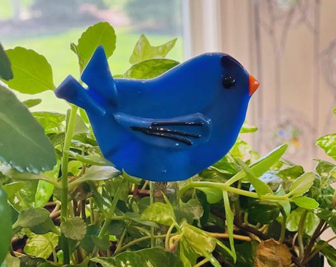 Fused Glass Bluebird of Happiness Plant Stake, Glass Bird on Glass Stake, Planter Bird, Whimsical Planter Bird