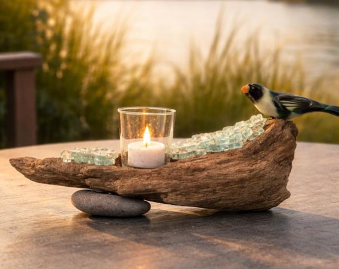 Fused Glass Bird Sculpture on Driftwood Base: Candle Holder