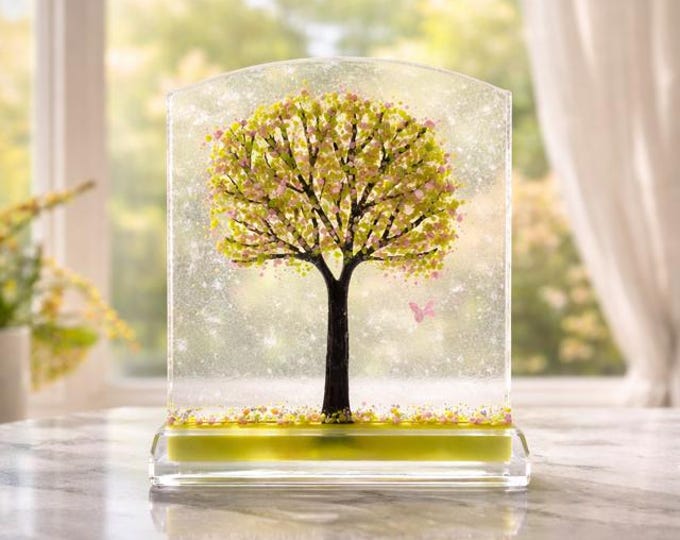 Fused Glass Spring Tree Art: Butterfly Suncatcher, Windowsill Decor