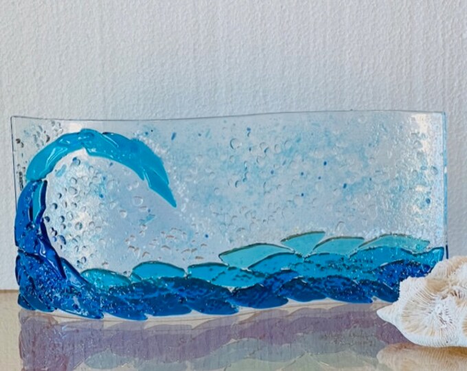 Rolling Wave, Glass Ocean Wave with Sea Spray, Curved Glass Sculpture, Beach Decor, Blue Wave, Window or Shelf Decor