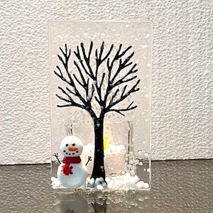 Fused Glass Winter Tree with Snowman Candle Holder, Tree Votive Holder, Winter Tree Tealight Holder, Bringing the Outside In