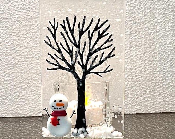 Fused Glass Winter Tree with Snowman Candle Holder, Tree Votive Holder, Winter Tree Tealight Holder, Bringing the Outside In