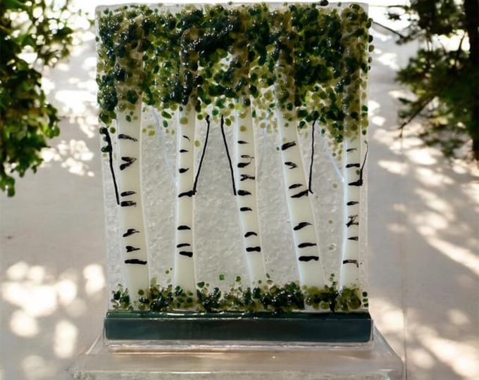 Aspen Birch Tree Art, Fused Glass, Windowsill Sun Catcher