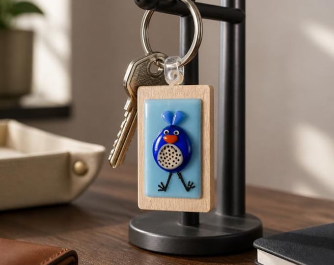 Fused Glass Whimsical Bird Key Ring or backpack pull