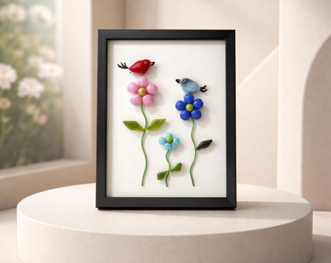Framed Fused Glass Art: Whimsical Birds on Flowers