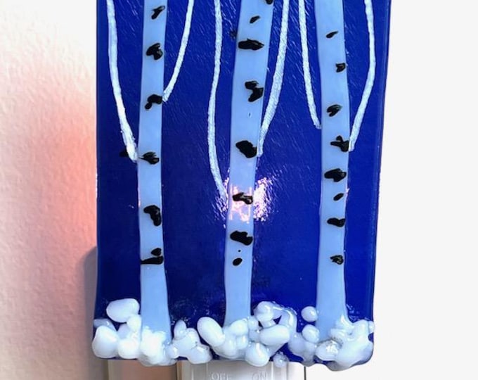 Winter Aspen/Birch Trees Fused Glass Night Light, Bringing the Outdoors In, Bedroom, Bathroom, Nature Inspired, Plug In Accent Light